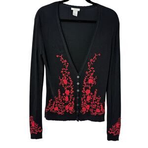 Cache Black Red Floral Embroidered Cardigan Women M Y2K Holidays Vintage